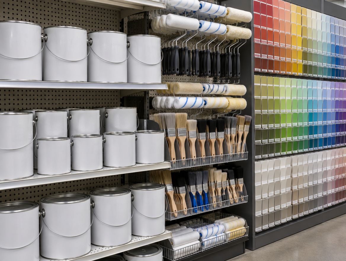 Latas de tinta, rolos e cartela de cores